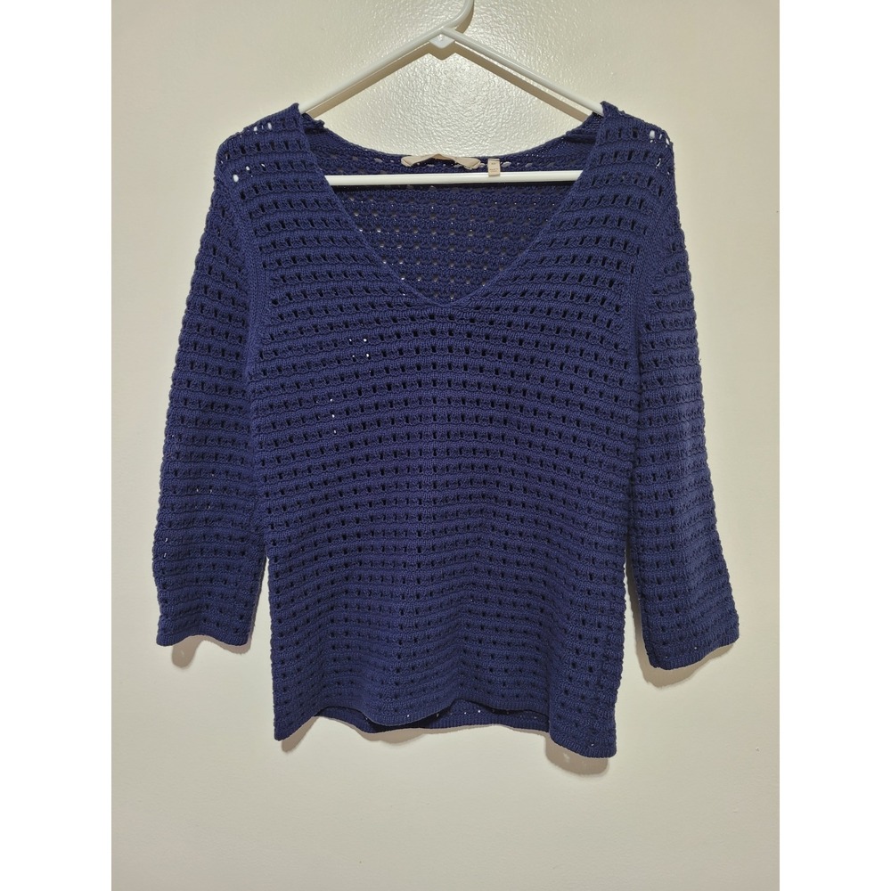 Soft Surroundings Crochet Knit Sweater‎ Womens XS Navy Blue V-Neck